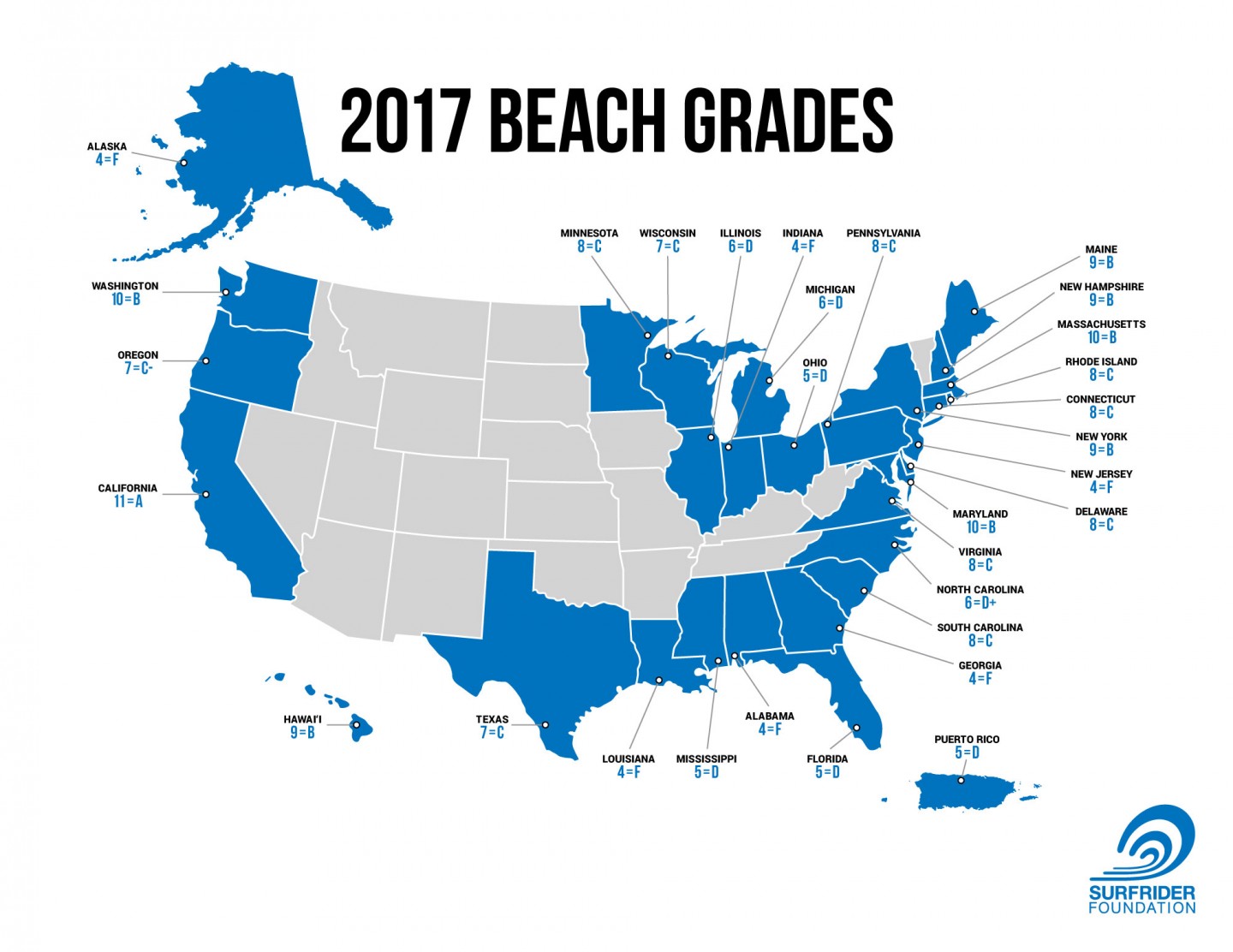 2017 State Of The Beach Report Card Surfrider Foundation Beach Grade Map 103017